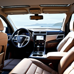 **Prompt:** Interior of a Rexton SUV, focusing on spacious seating and a clear dashboard. Showcase the feeling of comfort and good visibility from the driver's seat. Include soft lighting to emphasize the relaxing atmosphere inside the car.