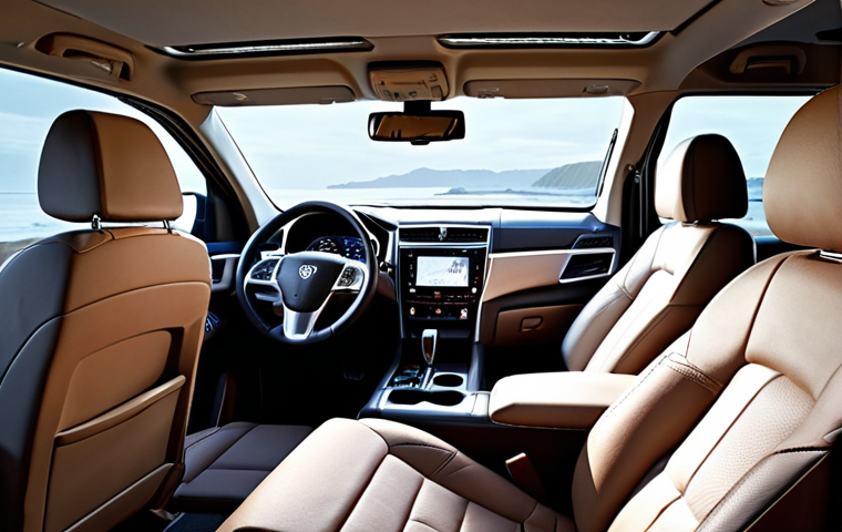 **Prompt:** Interior of a Rexton SUV, focusing on spacious seating and a clear dashboard. Showcase the feeling of comfort and good visibility from the driver's seat. Include soft lighting to emphasize the relaxing atmosphere inside the car.