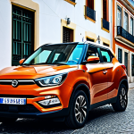 **

A stylish SsangYong Tivoli in a vibrant color parked in a bustling Lisbon street, Portugal. The car is surrounded by traditional Portuguese architecture, and people are walking by. Focus on the car's modern design, highlighting its sharp lines and attractive alloy wheels. Capture the essence of urban life in Lisbon, with a bright and sunny atmosphere. fully clothed, appropriate attire, safe for work, perfect anatomy, natural proportions, professional photography, high quality, family-friendly.

**