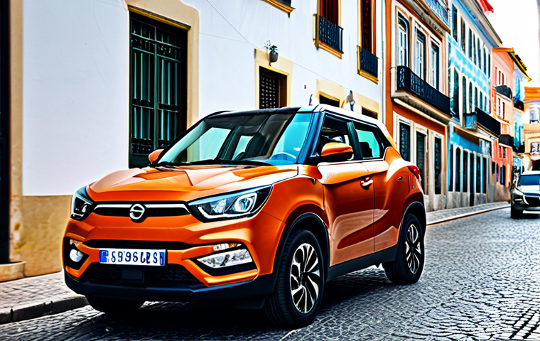 **
A stylish SsangYong Tivoli in a vibrant color parked in a bustling Lisbon street, Portugal. The car is surrounded by traditional Portuguese architecture, and people are walking by. Focus on the car's modern design, highlighting its sharp lines and attractive alloy wheels. Capture the essence of urban life in Lisbon, with a bright and sunny atmosphere. fully clothed, appropriate attire, safe for work, perfect anatomy, natural proportions, professional photography, high quality, family-friendly.
**